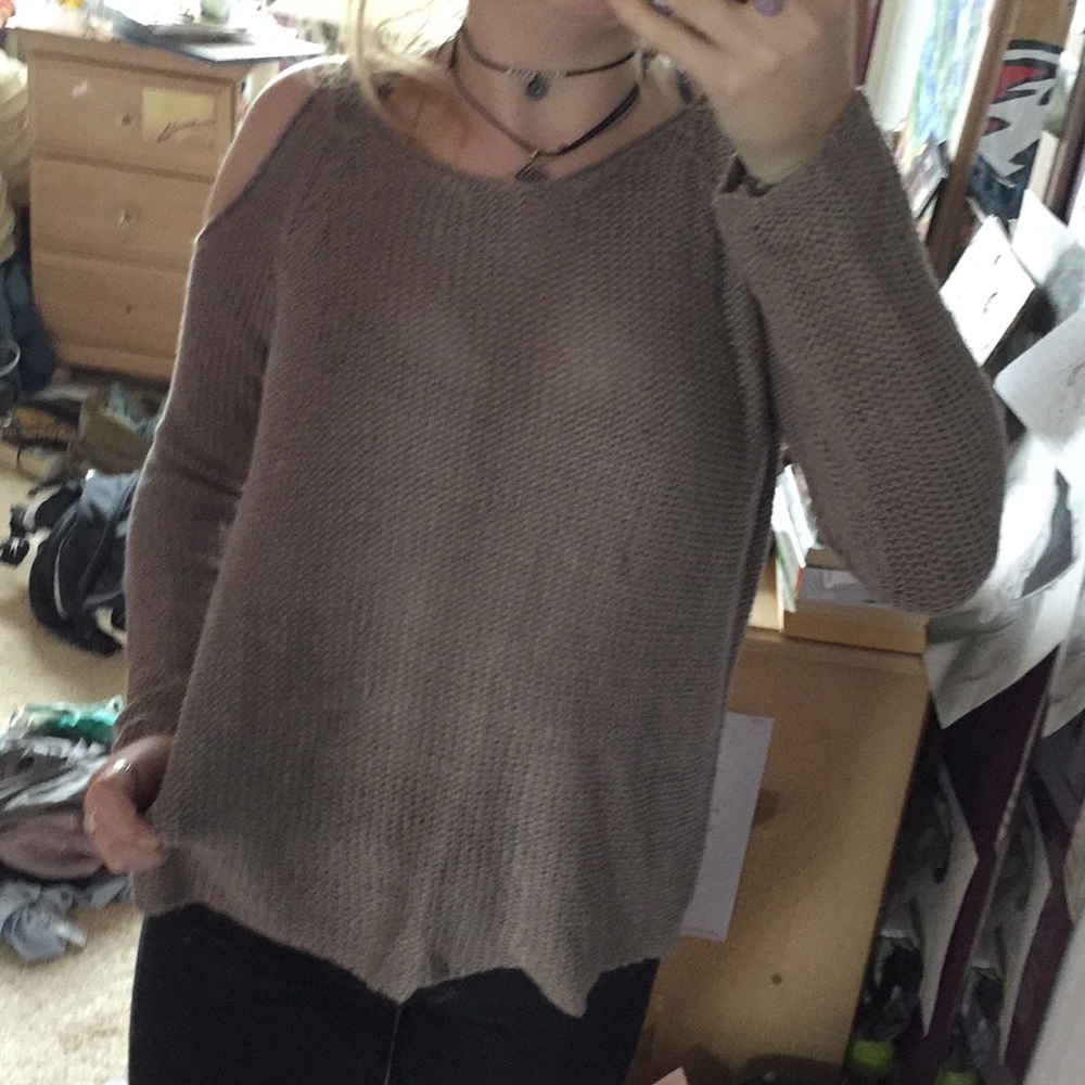 Mauve colored open shoulder sweater